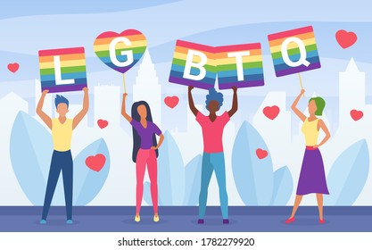 LGBT pride activism concept vector illustration. Cartoon flat homosexual activists people holding multicolored poster symbol of LGBT community, rainbow placards with LGBTQ word isolated on white