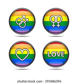 LGBT pride badges with rainbow flag and gay, lesbian, heart and love symbols vector illustration