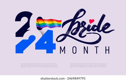 LGBT Pride Banner. Vector design Pride Text with LGBT Flag Colours. 2024 logo Pride Rainbow Text. Happy pride month horizontal banner with striped ribbon flag isolated on grey background.
