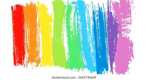 LGBT pride brush strokes. Rainbow flag vector hand drawn grunge LGBTQ background. Love symbol design elements. Celebrate Pride Month label, poster, card template. Pastel watercolor paint brushstrokes