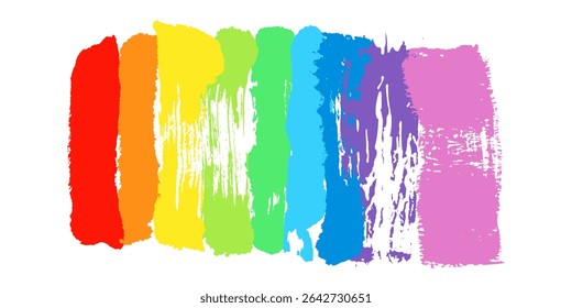 LGBT pride brush strokes. Rainbow flag vector hand drawn grunge LGBTQ background. Love symbol design elements. Celebrate Pride Month label, poster, card template. Pastel watercolor paint brushstrokes