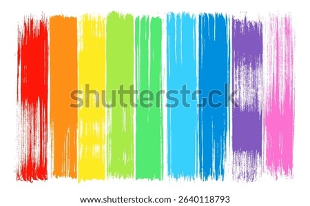 LGBT pride brush strokes. Rainbow flag vector hand drawn grunge LGBTQ background. Love symbol design elements. Celebrate Pride Month label, poster, card template. Pastel watercolor paint brushstrokes