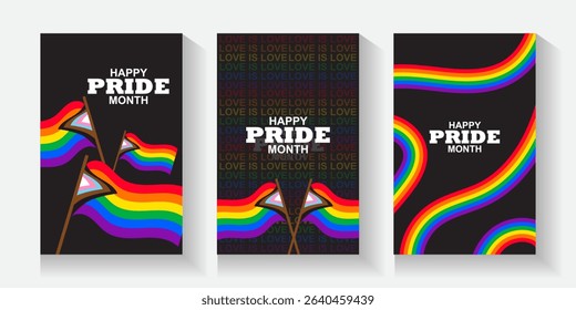 LGBT pride cards, poster, banner, set background. pride month cover with love bear and rainbow colors. Rainbow colored wavy abstract lines. Vector Template for Pride Month, ads promo, post, web,