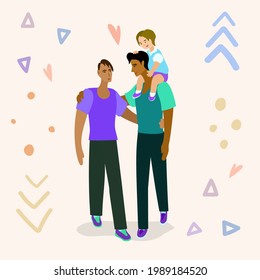 LGBT pride with a child. Two fathers with a child. Father with a child on his shoulders. Loving gay couple.