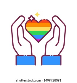 LGBT pride color line icon. Lesbian, Gay, Bisexual, Transgender. Hand holding rainbow hearth concept. Human rights and tolerance. Sign for web page, mobile app, social media, logo. 