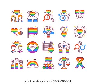 LGBT pride color line icons set. Lesbian, Gay, Bisexual, Transgender. Rainbow free love concept. Human rights and tolerance. Sign for web page, mobile app, social media, logo. 