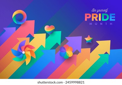 LGBT Pride colorful background vector stock illustration. Rainbow color arrow striped with rainbow color elements on dark purple background vector design.