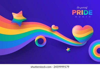 LGBT Pride colourful flag striped background vector stock illustration. Rainbow color hearts, stars and colorful elements on dark purple background.