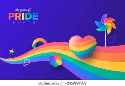 LGBT Pride colourful flag striped background vector stock illustration. Rainbow color hearts, stars and colorful elements on dark purple background.