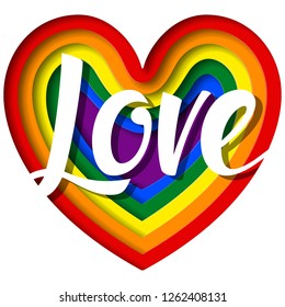 LGBT pride concept, Rainbow heart colorful on white background, Love valentine with paper cut effect style. Saint Valentine's Day greetings card