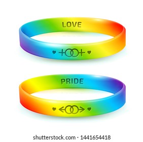LGBT Pride concept. Rainbow rubber bracelets for homosexual people. Silicone wristbands with symbols of gender: Lesbian and Gay. Day of bisexuality and International Day for Tolerance poster