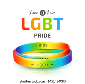 LGBT Pride concept. Rainbow rubber bracelets for homosexual people. Silicone wristbands with symbols of gender: Lesbian and Gay. Day of bisexuality and International Day for Tolerance poster