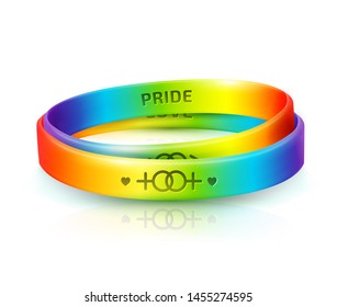 LGBT Pride concept. Rainbow rubber bracelets for homosexual people. Silicone wristbands with symbols of gender: Lesbian and Gay. Day of bisexuality and International Day for Tolerance poster