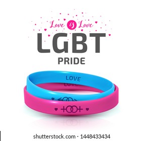 LGBT Pride concept. Rubber bracelets for homosexual people. Silicone wristbands with symbols of gender: Lesbian and Gay. Day of celebration of bisexuality and International Day for Tolerance poster
