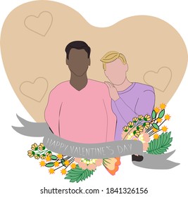 LGBT Pride Concept. Support for LGBT Couples. Gay couple  in the heart shape background. Happy Valentine's day flat vector postcard 