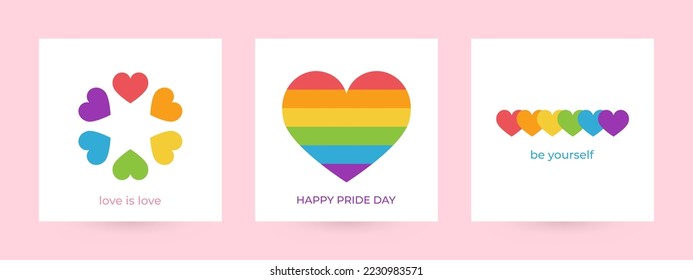 LGBT Pride concept templates for postcard, social media post, cover design, flyer, logo. Hearts in LGBT flag colors.