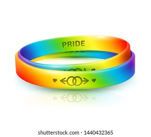 LGBT Pride concept. Two rainbow rubber bracelets for homosexual people. Silicone wristbands with symbols of gender: Lesbian and Gay. Day of bisexuality and International Day for Tolerance poster