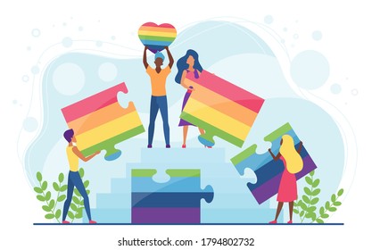 LGBT pride concept vector illustration. Cartoon flat tiny free LGBT characters group holding rainbow puzzle, connecting jigsaw pieces in hands, community cooperation, sexual freedom isolated on white