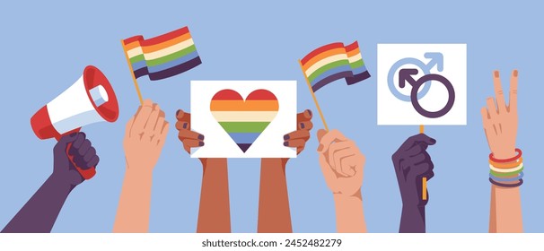 LGBT Pride Day. Diversity multiracial people hands in demonstrations with rainbow flags. Activists together. Vector flat illustration