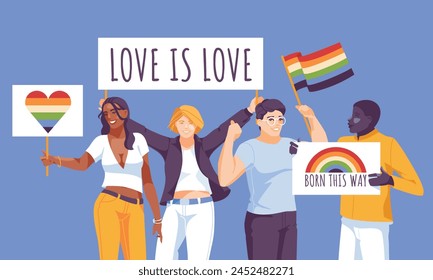 LGBT Pride Day. Diversity of people at demonstrations with rainbow flags. Activists together. Vector flat illustration