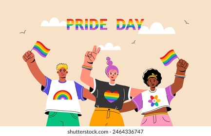 Día del orgullo LGBT. Personas de activistas con banderas de arco iris juntos en la manifestación, desfile.Anuncio.Vector ilustración de stock en estilo plano.