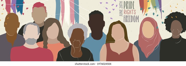 LGBT pride day poster with the rainbow flag, trans flag and bisexual flag with a group of diverse people and the text Pride, Rights and Freedom. Horizontal banner illustration in flat style, vectored.