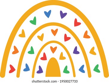 LGBT Pride design, Boho rainbow with hearts, Love vector illustration