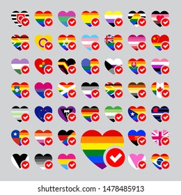 LGBT pride different flags in heart shape, icons on gray background