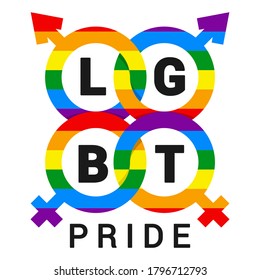 Lgbt pride with double venus and mars signs, symbols multicolor logo, banner. Homosexual, lesbian, bisexual, gay, transgender rainbow emblem. Vector Lgbt sign isolated on white background.