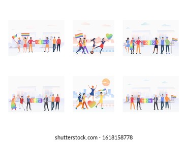 LGBT pride event set. Homosexual people walking with rainbow hearts and flags. Flat vector illustrations. March, proud, celebration concept for banner, website design or landing web page