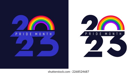 LGBT-Stolperflagge 2023 im Vektorformat. Farbige Regenbogenflagge mit dem Wort PRIDE für Poster. LGBTQ Liebessymbol-Hintergrund. Konzeption. Vektorgrafik-Vorlage.