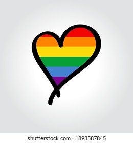 Logo dibujado a mano con forma de corazón con la bandera del orgullo LGBT. Ilustración vectorial.