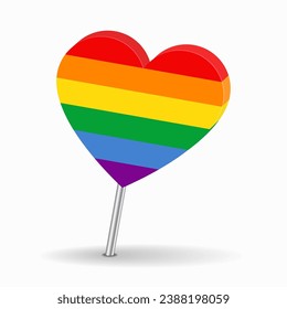 LGBT-Strichfahne, herzförmige Kartenzeiger-Layout. Vektorgrafik.