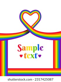 LGBT, Pride flag and love concept with heart shape and text frame made of rainbow flag. Vector illustration, greeting card template or invitation design isolated on white background with copy space.