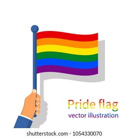 LGBT pride flag. Multicolored peace flag movement. Rainbow flag holding in hand gay blowing in the wind. Vector illustration flat design. Isolated on white background.
