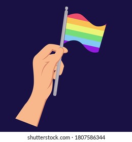 LGBT pride flag. Multicolored peace flag movement. Rainbow symbol holding in hand gay blowing in the wind. Vector illustration flat design. Isolated on blue background.