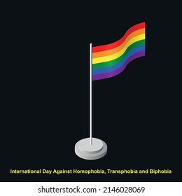 LGBT pride flag on flagpole isometric vector illustration isolated on black background.