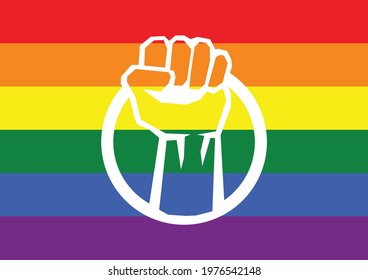 LGBT pride flag pattern with fist icon in vector. Raised arm clipart with colorful gay symbols. Editable for web and print.