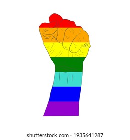 LGBT pride flag, rainbow flag background. Multicolored peace flag movement. Original colors symbol. Hand clenched into a fist