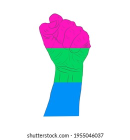 LGBT pride flag, rainbow flag background. Multicolored peace flag movement. Original colors symbol. Hand clenched into a fist