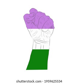 LGBT pride flag, rainbow flag background. Multicolored peace flag movement. Original colors symbol. Hand clenched into a fist