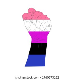 LGBT pride flag, rainbow flag background. Multicolored peace flag movement. Original colors symbol. Hand clenched into a fist