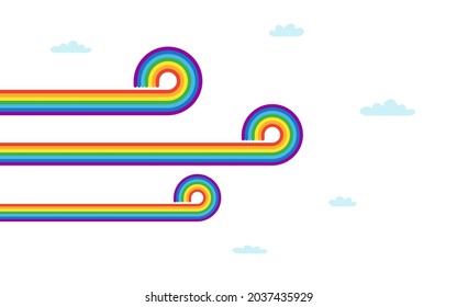 LGBT pride flag in sky. Rainbow pride wave shaped flag banner. Lesbian, gay and bisexual wave. Stop homophobia, pride day and LGBT rights rainbow in sky. Equity and diversity culture. Clouds vector