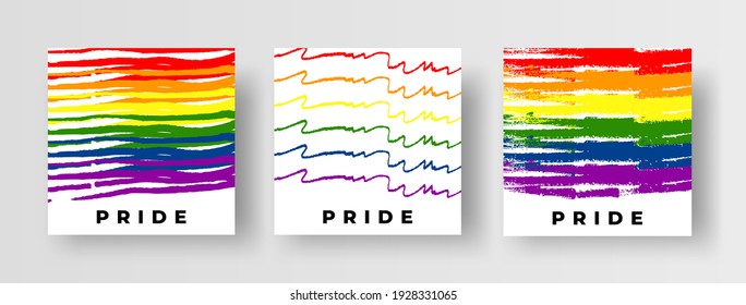 LGBT Pride Flag Social Media Post Template Collection. Set of Creative Hand Drawn Doodle Pride Flag Illustrations in Brush Stroke Style. Vector Design Element or Square Banner. LGBT Pride 2021