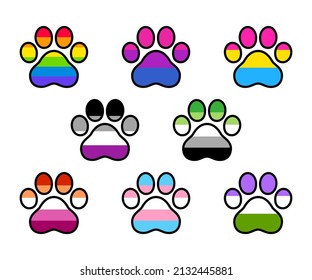 LGBT pride flags set in animal paw shape, cartoon style stickers. Cat or dog paw print. Rainbow, gay, bi, ace, queer and trans. Vector clip art illustration.