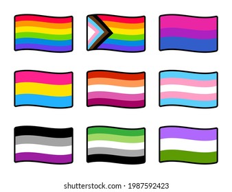 Banderas del orgullo LGBT montadas, pegatinas de dibujos animados. Símbolos de identidad sexual y de género. Ilustración de imagen de clip vectorial.