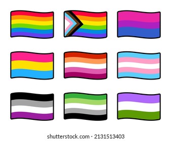 LGBT pride flags set, cartoon style stickers. Sexual and gender identity symbols. Vector clip art illustration.