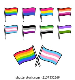 Banderas del orgullo LGBT montadas, mezcladas y combinadas para parejas cruzadas y combinadas. Diseño de caricaturas. Ilustración de imagen de clip vectorial.