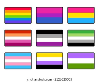 LGBT-Flaggen-Aufkleber gesetzt, umrissene Symbole. Symbole der sexuellen und geschlechtlichen Identität. Vektorclip-Kunstillustration.