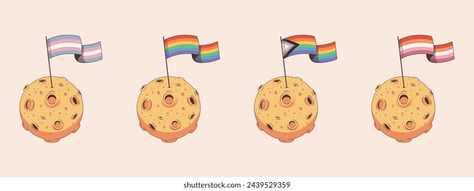 LGBT-Fahnen hängen auf dem Mond. Vektor-Illustrationssatz 